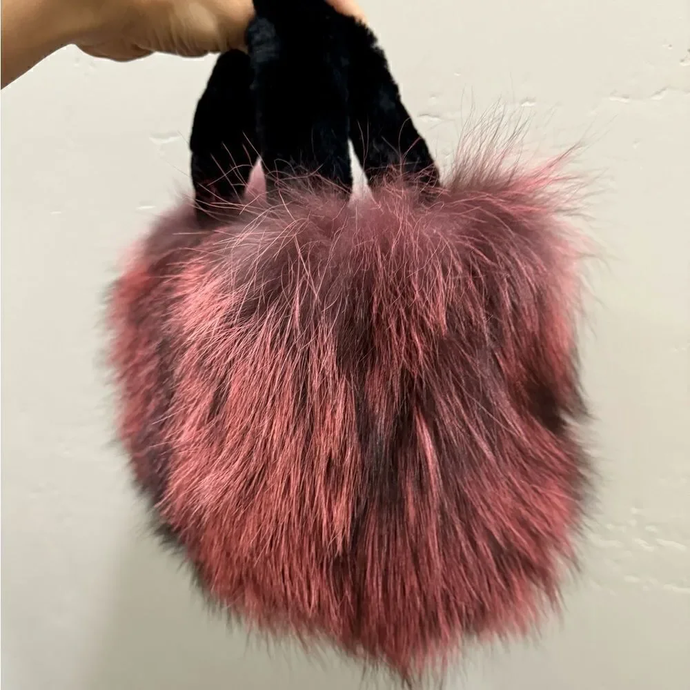 Maroon Handmade Dyed Real Fox Fur Bag With Fur Handle Includes 2 Strap Styles